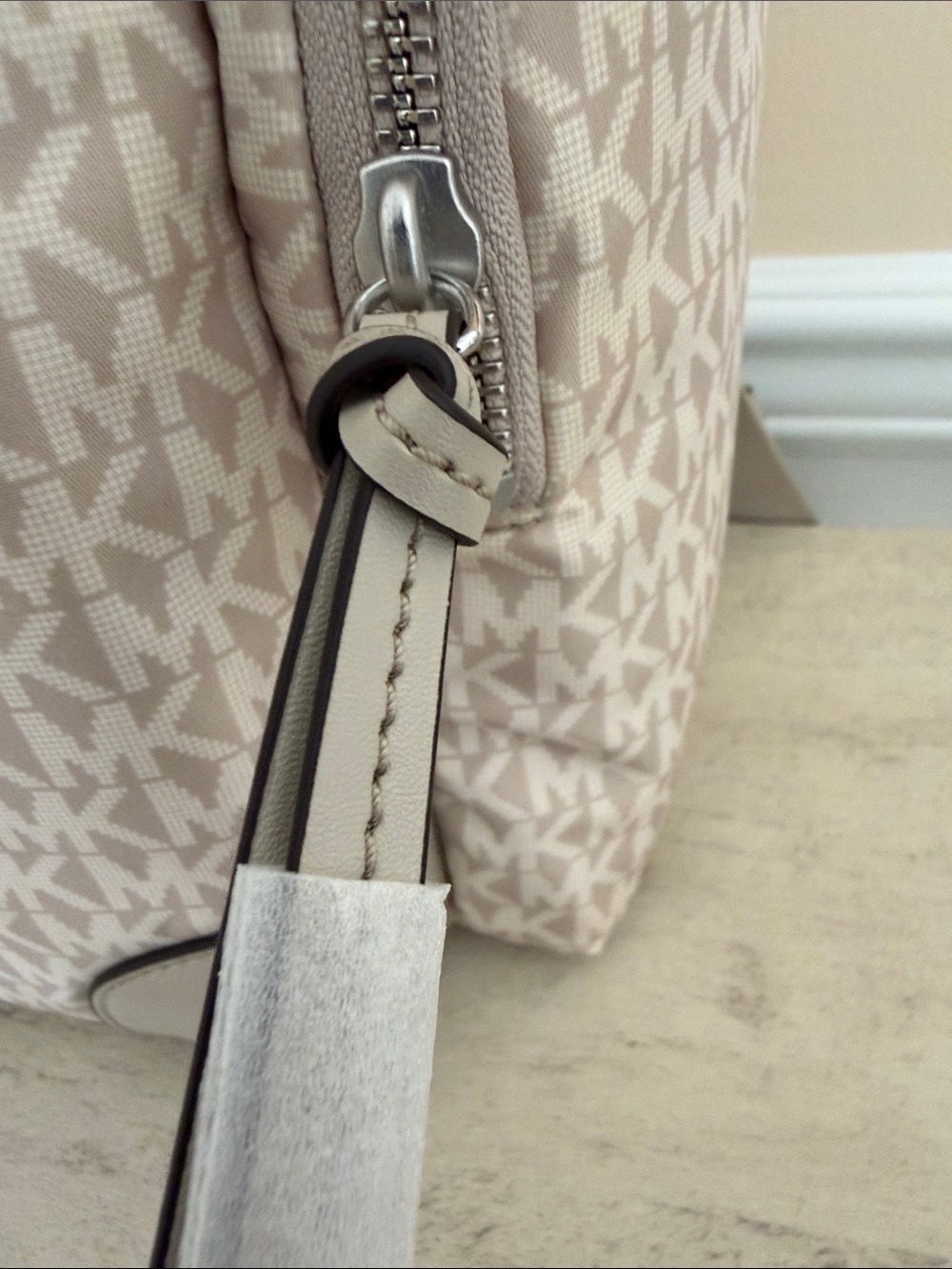 Michael Kors Beige MK woven Logo Backpack with Silver Accents - Picture 3 of 12